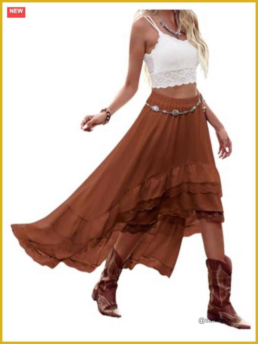Western Cowgirl Lace Asymmetrical Skirt High Rise Boho Country Concert Outfit